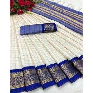 TRENDING COTON SOIE JACQUARD TISSÉ TRAVAIL SAREE AVEC BLOUSE INCOUSÉE BLEU - Product Image 1