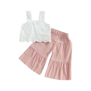 Conjunto de 2 Piezas para Bebés y Niñas Pequeñas, Top sin Mangas con Encaje y Pantalones Anchos Casuales con Elástico, Ropa Transpirable de Color Sólido - Product Image 6