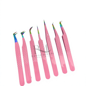 Pince à cils multi-pointes en acier inoxydable, revêtement poudré rose, poignée diamant, 7 pointes différentes / Emballage boîte noire - Product Image 1