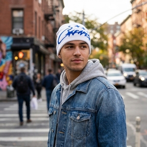 White Blue Star Graphic Knit Beanie Hat Custom Logo Ribbed <b>Winter</b> <b>Cap</b> Unisex Streetwear Fashion Headwear Wholesale OEM - Product Image 2