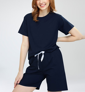 Women's Navy Blue Two-Piece <b>Set</b> Sleeveless Strapless Top Knee-Length Shorts Casual Regular Fit Summer Wear Polyester/Cotton - Product Image 3