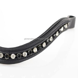 Banda de ceja de caballo acolchada de cuero inglés negro con acabado de calidad, canal vacío con incrustaciones decorativas, cristales negros y transparentes, cadena ostentosa - Product Image 6