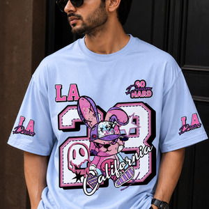 Camiseta con Estampado de Conejo de Dibujos Animados Azul Claro, 100% Poliéster, Transpirable, Antipilling, Informal, de Manga Corta - Product Image 1