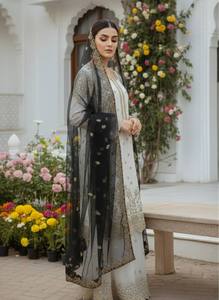 Conjunto de Traje Palazzo de Seda Pura Fandy de Lujo con Bordado y Diseño Exclusivo, y Dupatta de Red con Mariposas para Venta al por Mayor - Product Image 1