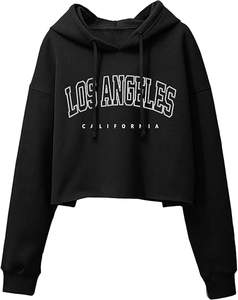 Haut court à capuche pour femme avec imprimé graphique lettres, manches longues, en molleton, décontracté, ample, pour l'entraînement - Product Image 1