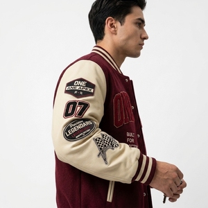 Premium Maroon Cream <b>Racing</b> <b>Jacket</b> Custom Motorsport Letterman <b>Jacket</b> Leather Sleeve Streetwear Bomber - Product Image 3