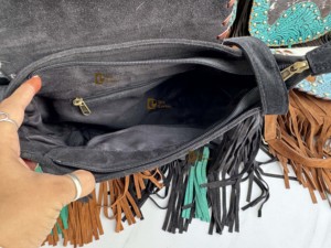 Sac bandoulière en cuir pour femme, style western, avec broderie turquoise, en cuir de vachette, léger, multi-usage, bordure à franges, style bohème, motif lettre - Product Image 6