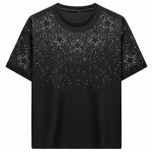 Camiseta Negra de Alta Calidad Personalizada con Diseño de Estrella de Cristal – Camiseta Casual Holgada para Mujer, Moda Urbana Informal - Product Image 1