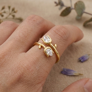 Pear Cut Moissanite Open Ring for Women Minimalist Leaf <b>Wrap</b> Gold Adjustable Promise Ring - Product Image 6