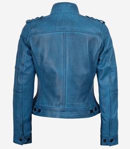 Chaqueta de Motociclista de Cuero Auténtico Azul Desgastado para Mujer, Chaqueta de Motociclista Vintage, Chaqueta de Piel de Oveja Genuina, Fabricante Mayorista - Product Image 5