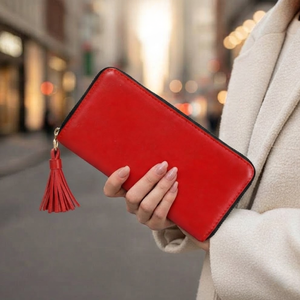 Red Genuine Leather England Style <b>Ladies</b> Long <b>Wallet</b> Zipper Clutch Purse Tassel Coin Holder Polyester High Quality Large - Product Image 2