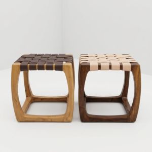 Mid-Century Modern Woven Leather Stool Solid <b>Wood</b> <b>Footstool</b> Ottoman Curved Cube Frame Hotel Lounge Bedroom Wholesale Export - Product Image 2