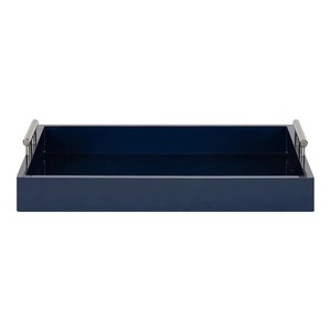 Plateau décoratif rectangulaire moderne en métal avec poignées, finition bleu marine, design monobloc - Product Image 1