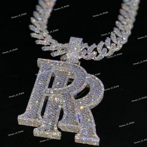 Pendentif lettre R serti de diamants Moissanite, style rappeur, en argent 925, pour homme et femme. - Product Image 2