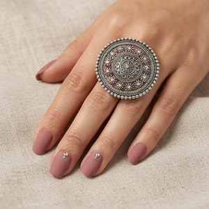 DIVYORO TRADITIONAL VINTAGE BOHO STYLE LARGE MANDALA BRASS <b>SILVER</b> <b>RING</b> with OXIDIZED <b>SILVER</b> PLATING for WOMEN - Product Image 4