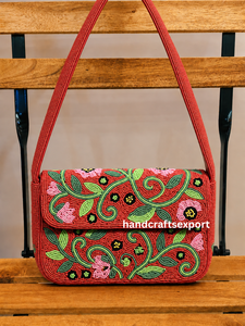 Wholesale Handmade <b>Red</b> Beaded Floral Shoulder Bag, Colorful Flower, Magnetic Snap Closure Durable Lightweight Eco-Friendly - Product Image 4