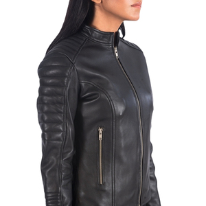 Chaqueta de Motociclista de Cuero Genuino Negro para Mujer, Cuello Alto, Cierre de Cremallera, Corta, Estilo Biker, Resistente al Viento - Product Image 6