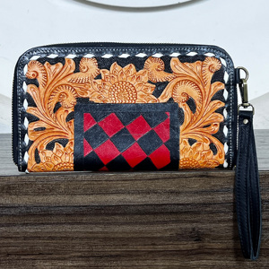Sunflower Stylish Hand Tooled Genuine <b>Leather</b> Clutch Floral Checkered Pattern Zipper Clutch & <b>Purse</b> For Women's Shopping - Product Image 3