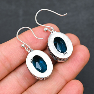 Boucles d'oreilles personnalisées en argent sterling 925 avec topaze bleue créée en laboratoire, 1,9 pouce, bijoux en pierres précieuses faits à la main, boucles d'oreilles fines antiques, cadeau pour femme - Product Image 3