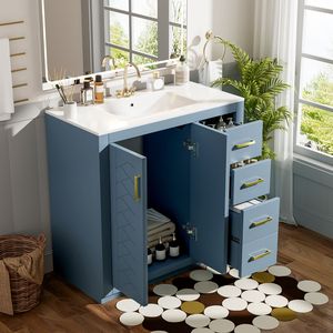 36-Inch <b>Bathroom</b> <b>Vanity</b> with Ceramic Sink Combo Solid Wood Frame Storage Cabinet 3-Drawer Freestanding <b>Vanity</b> Set - Product Image 4