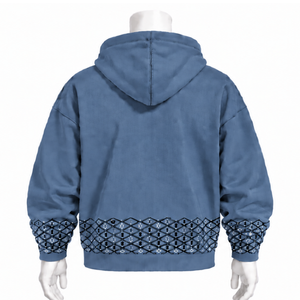 Sweat-shirt à capuche en molleton épais bleu denim avec bordure brodée, ourlet et poignets décoratifs, poche kangourou, style décontracté - Product Image 2