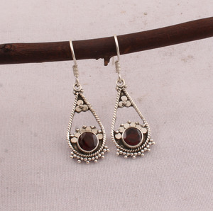 Wholesale 925 <b>Sterling</b> <b>Silver</b> Natural Red Garnet Dangle Earrings Vintage Handcrafted Twisted <b>Wire</b> Open Teardrop Wedding Party - Product Image 1