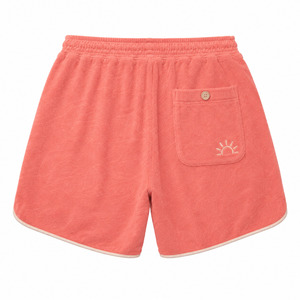 Pantalones Cortos Personalizados Y2K de Tela de Rizo Rosa Coral para Hombre, Estilo Relajado, Ropa Urbana de Verano con Ribete y Bordado en Crema - Product Image 4