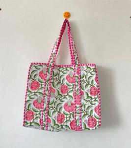 Luxury <b>White</b> Floral Quilted Cotton Tote <b>Bag</b> with <b>Hand</b> Block print Bohemian Style Open Casual Shopping Tote <b>Bag</b> for Women - Product Image 1