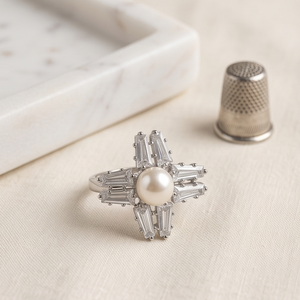 DIVYORO Women's Brass Oxidized Silver Plated Bohemia Style Cross Design Pearl Starburst <b>Ring</b> - Product Image 2