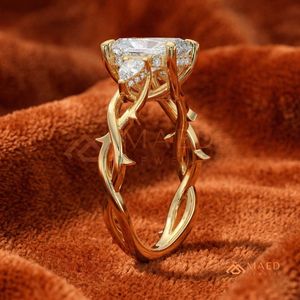Luxury 14K Gold Radiant Shape Diamond Wedding <b>Ring</b> with Leaf Inspired Side Stones and Modern <b>Open</b> Band Design for Women - Product Image 2