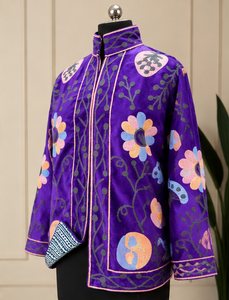 Couture Flower Purple Breathable Lightweight Suzani <b>Coat</b> <b>Womens</b> Grey Dot Embroidered All Season Handstitched Bulk Wholesale Wear - Product Image 2