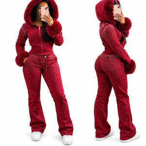 High Quality Women Faux Fur Trim Cropped Zip Hoodie Flare Pants 2 Piece Set <b>Y2K</b> Winter Athleisure <b>Tracksuit</b> - Product Image 3