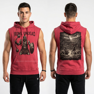 Hoodie sans manches personnalisé pour homme, rouge, coupe vintage, pull de sport, imprimé graphique Undead Roman, streetwear, en molleton. - Product Image 1