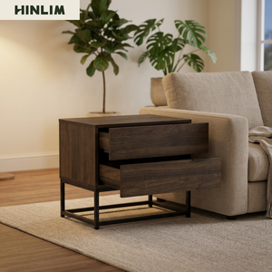 Modern Durable Wood Nightstand with 2-Drawer Metal Frame <b>Storage</b> <b>Side</b> <b>Table</b> for Bedroom Furniture Industrial Design - Product Image 2