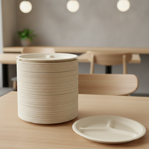 Assiettes jetables pratiques en bagasse, fabriquées à partir de la consoude de canne à sucre, idéales pour les réceptions de bienvenue et les événements culinaires. - Product Image 2