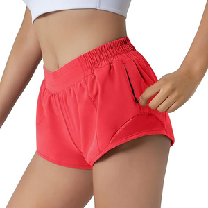 Shorts Deportivos Rojos para Mujer, Cintura Alta, Poliéster, con Bolsillo Lateral con Cremallera, Cordón Oculto, Transpirables, para Yoga - Product Image 2