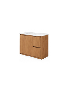 Meuble de salle de bain moderne en teck avec plan de travail blanc et lavabo intégré, design minimaliste pour hôtel et villa - Product Image 3