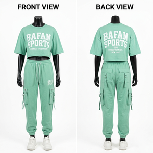 เสื้อครอปท็อปผ้าฟลีซผสมคอตตอนคุณภาพสูง 250 GSM สำหรับผู้หญิง พร้อมกางเกงจ็อกเกอร์มีกระเป๋าคาร์โก้ สีเขียวมิ้นท์ พิมพ์ลายตามสั่ง ชุดเซ็ตสำหรับผู้หญิง - Product Image 4