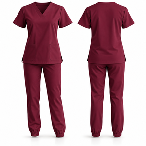 Conjunto de Uniforme Médico para Mujer, Color Borgoña, Cuello en V, Manga Corta, con Pantalones - Product Image 1