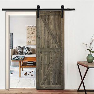 36 In. X 84 In. Solid Spruce Wood Sliding Barn Door Hardware Kit 6.6FT Gray Spray Paint with Handle K Frame 84 In. X 36 In. - Product Image 5
