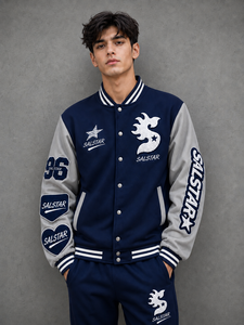 Veste universitaire personnalisée pour homme, veste de baseball en laine bleue avec manches en cuir gris et patch brodé, style bomber - Product Image 1
