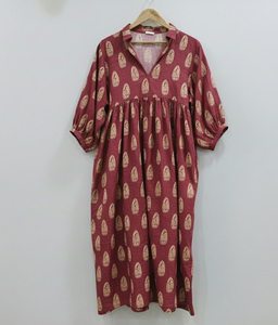 Vestido midi rosa con estampado floral hecho a mano |   Vestido Formal Transpirable de Algodón |   Vestidos Sencillos de Cintura Natural para Mujer - Product Image 6