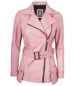 Veste de motard asymétrique en cuir véritable rose pour femme, coupe-vent, éco-responsable, col mandarin, fermeture éclair, fabriquée sur mesure - Product Image 1