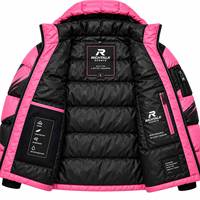 Blouson matelassé à capuche pour homme, col montant, blocs de couleur rose et noir, coupe-vent, en polyester épais, fermeture éclair, idéal pour l'hiver et le sport