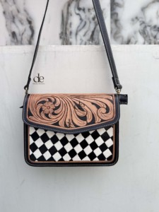 Hand Tooled Leather <b>Tote</b> Bag Two Straps Cross-Body Zipper Closure Small Size Vintage Fashion Lightweight Western Luxury Stylish - Product Image 1