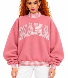 Sweat-shirt surdimensionné personnalisé pour femme, col montant, motif écossais rose, broderie lettre appliquée, en molleton de coton, vente en gros - Product Image 2