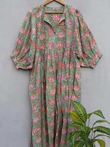 Bohemian Mustard Floral Block Print Cotton Midi <b>Dress</b> With Puff Sleeve <b>Loose</b> Fit Turn Down Neck Summer <b>Dress</b> For Women - Product Image 5