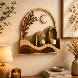 Estante de Pared de Madera Hecho a Mano con Diseño de Luna y Árbol |   Estante Flotante Decorativo |   Estilo Boho Rústico para Cuarto de Bebé y Sala de Estar - Product Image 2