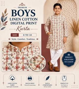 <b>Boys</b> <b>Kurta</b> Pajama Set Linen Cotton Digital Print Tribal Ethnic Festive Wear Kids Indian Clothing 0-10 Years - Product Image 3