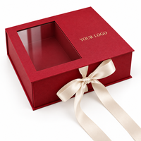 Boîte cadeau personnalisée rouge avec fenêtre transparente et nœud en ruban de satin, boîte d'emballage en papier pliable, fabricant et fournisseur OEM ODM